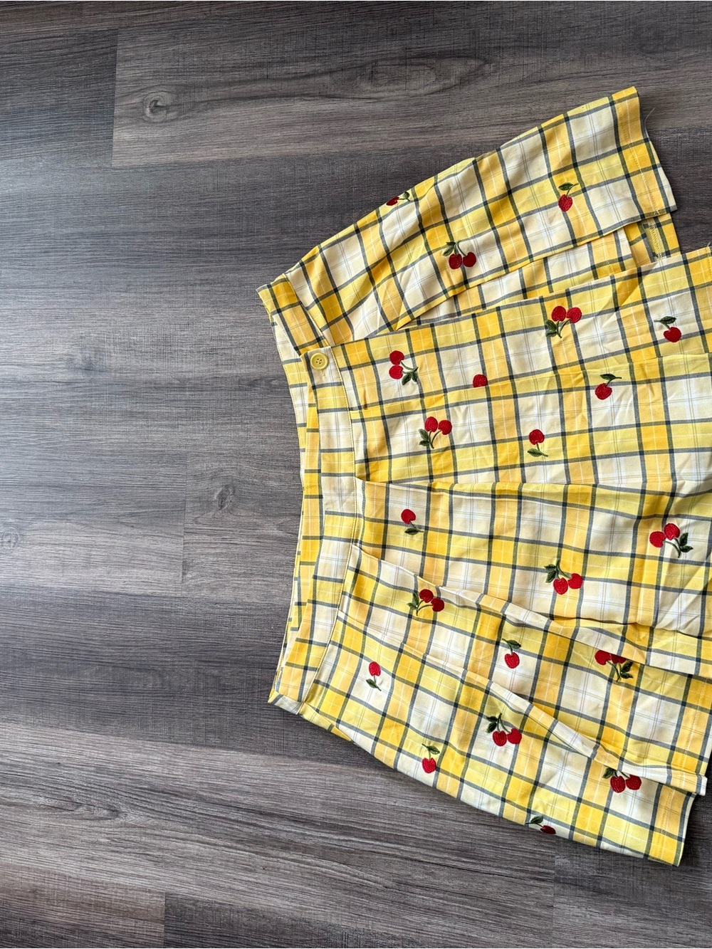 Forever 21 Yellow Plaid Mini Skort with Cherry Print